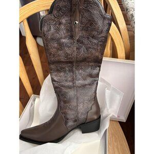 🆕Women Brown Faux Leather Pointed Toe Chunky Block Heel Vintage Western Boots